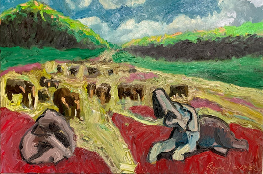 A painting titled 'Elephants On A Fast Flowing River by Ryan  Louder' by Ryan Louder