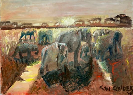 Elephants At Dusk Painting by Ryan Louder