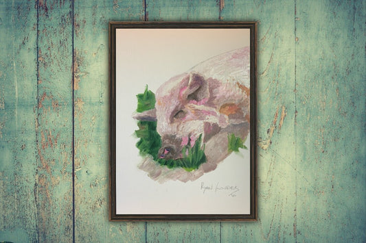 A painting titled 'Pig Asleep In A Patch Of Grass by Ryan  Louder' by Ryan Louder