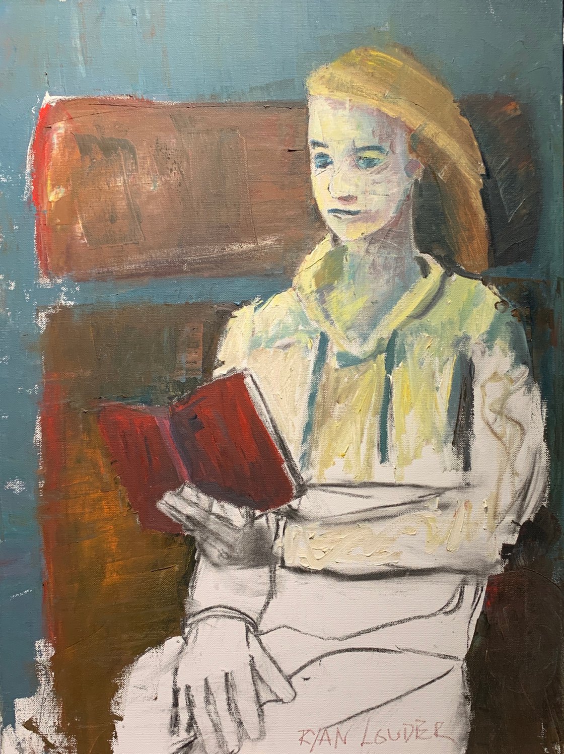 A painting titled 'Woman Sitting Reading by Ryan  Louder' by Ryan Louder