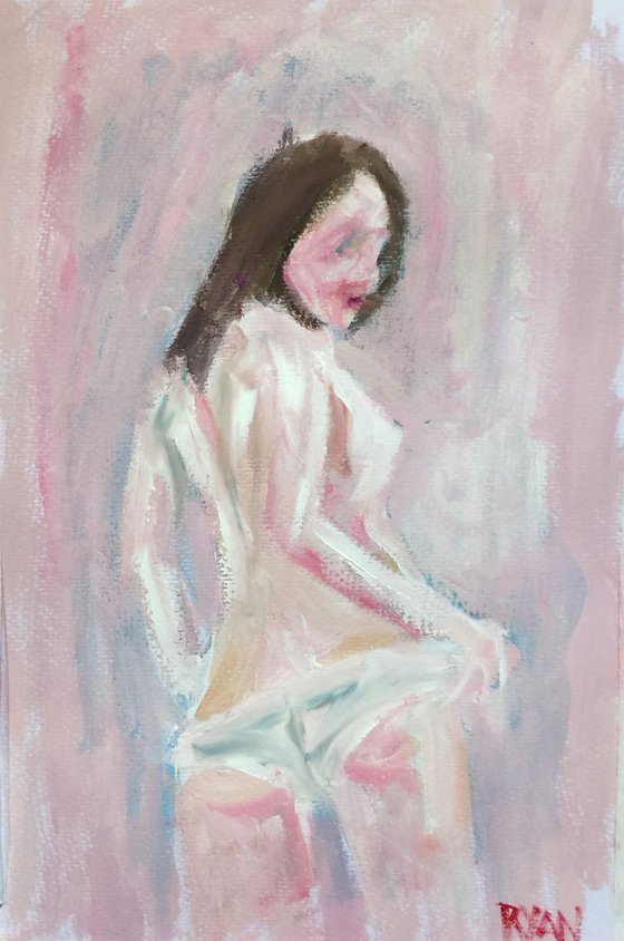 Pink and Blue Nude Oil On Paper Painting by Ryan Louder