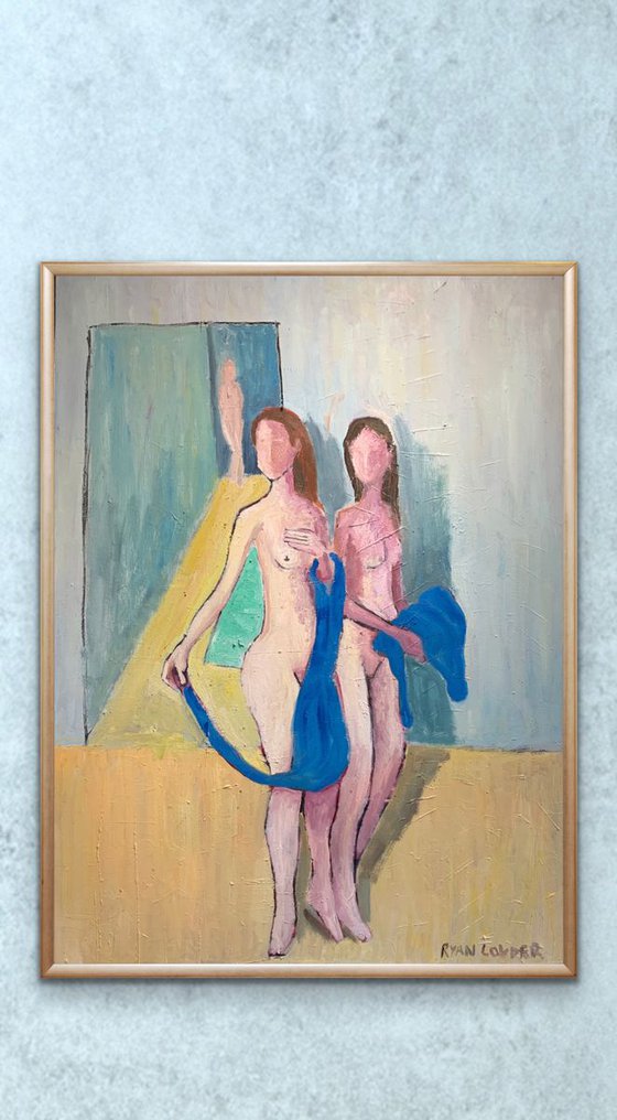 Three Nude Women and Two Blue Towels Painting by Ryan Louder