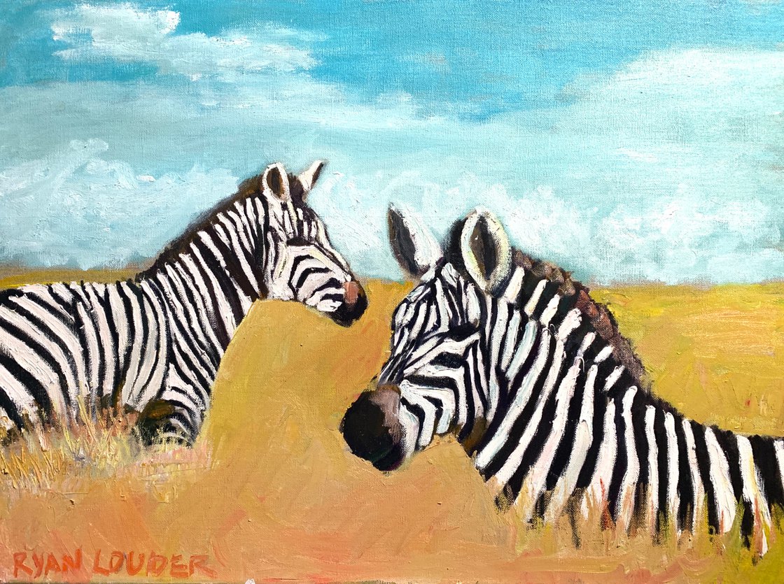 A painting titled 'Zebras In A Field by Ryan  Louder' by Ryan Louder