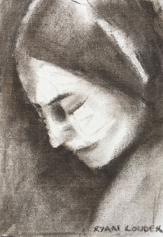 A painting titled 'Study of a Woman's Face 2 7x5 Charcoal on Canvas Board by Ryan  Louder' by Ryan Louder