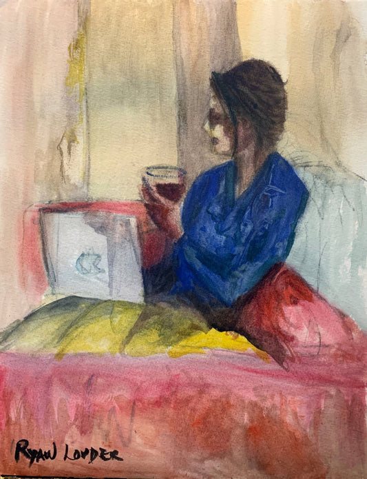 A painting titled 'Working Late With A Glass of Wine 2 by Ryan  Louder' by Ryan Louder