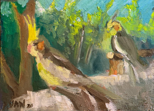 A painting titled 'Two Cockatiels By The Window by Ryan  Louder' by Ryan Louder