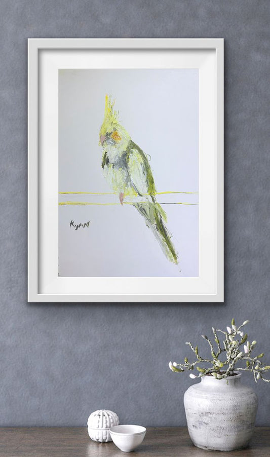 A painting titled 'Cockatiel Resisting Sleep by Ryan  Louder' by Ryan Louder