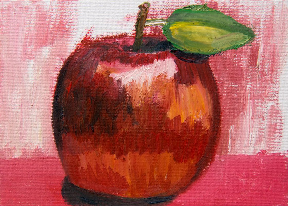 A painting titled 'Apple and Leaf  oil on canvas board by Ryan  Louder' by Ryan Louder