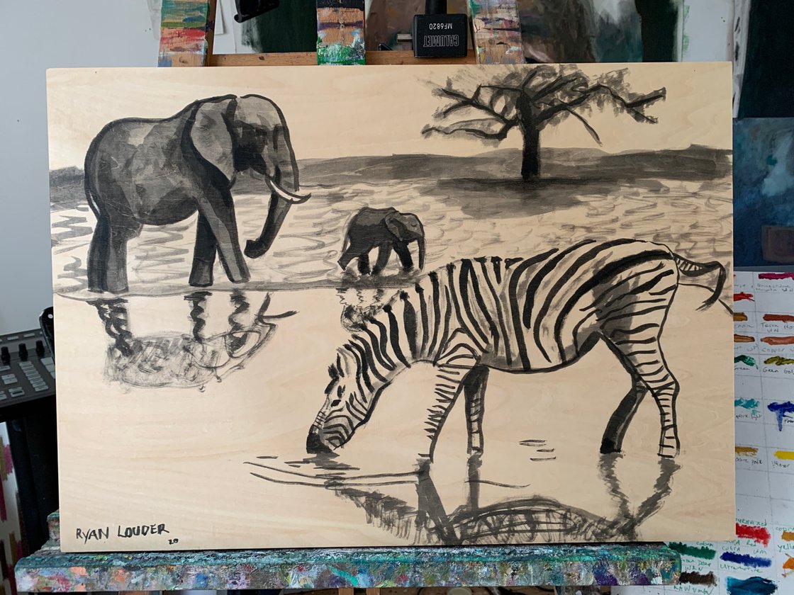 Zebra and Elephants at Waterhole by Ryan  Louder