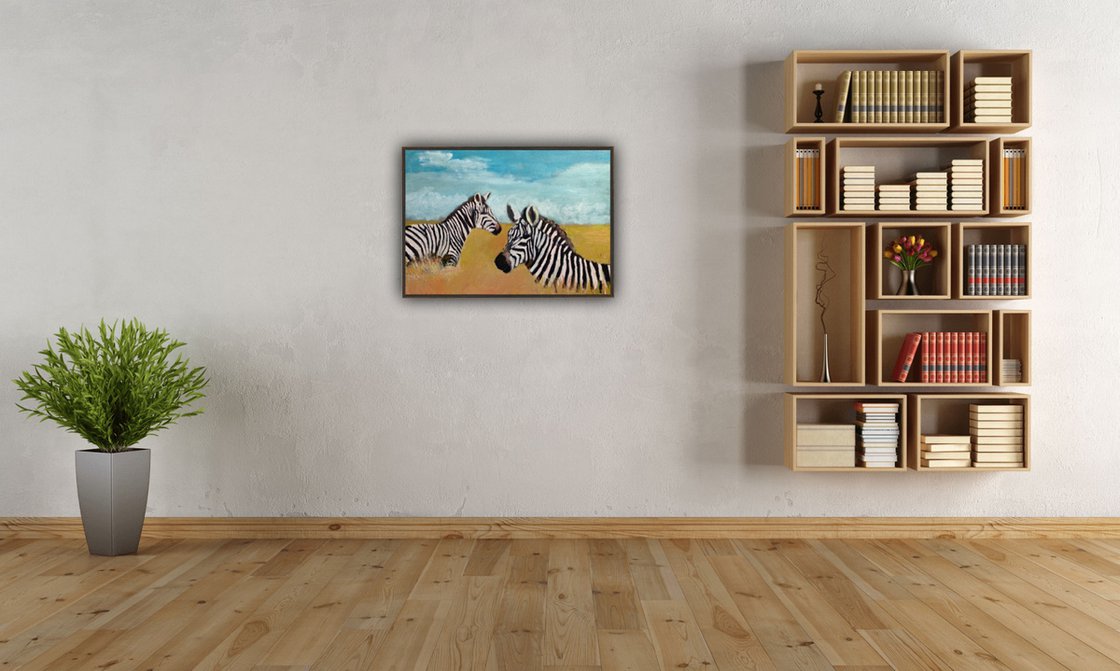 A painting titled 'Zebras In A Field by Ryan  Louder' by Ryan Louder