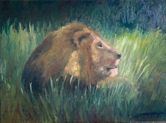 Lion In The Grass Painting by Ryan Louder