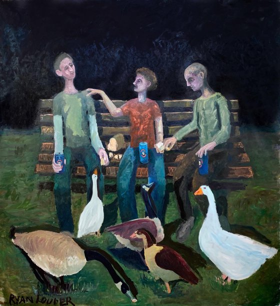 Feeding The Ducks At Night Painting by Ryan Louder