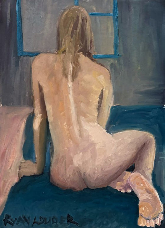 On a Blue Bed Out A Blue Window on a Grey Day Painting by Ryan Louder