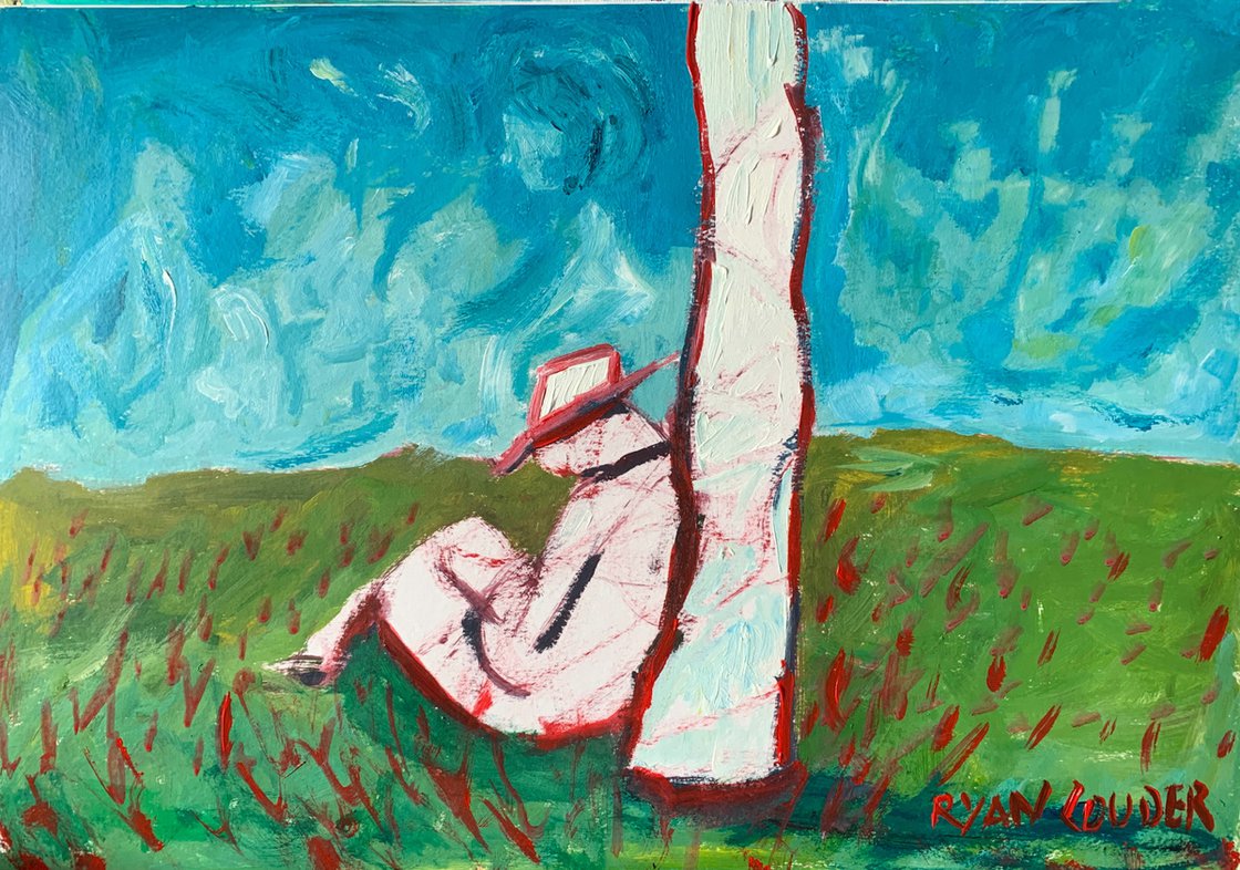 A painting titled 'Farmer Asleep On A Summers Day by Ryan  Louder' by Ryan Louder