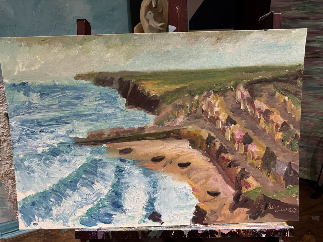 A painting titled 'Seaside Town In Cornwall by Ryan  Louder' by Ryan Louder