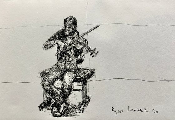 The Violinist - Musician - Small Drawing 6x9 Painting by Ryan Louder