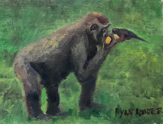 A painting titled 'Gorilla Feeding Bird by Ryan  Louder' by Ryan Louder