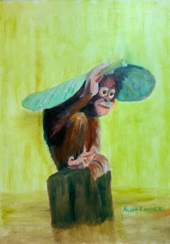 Orangutan Under A Leaf Painting by Ryan Louder