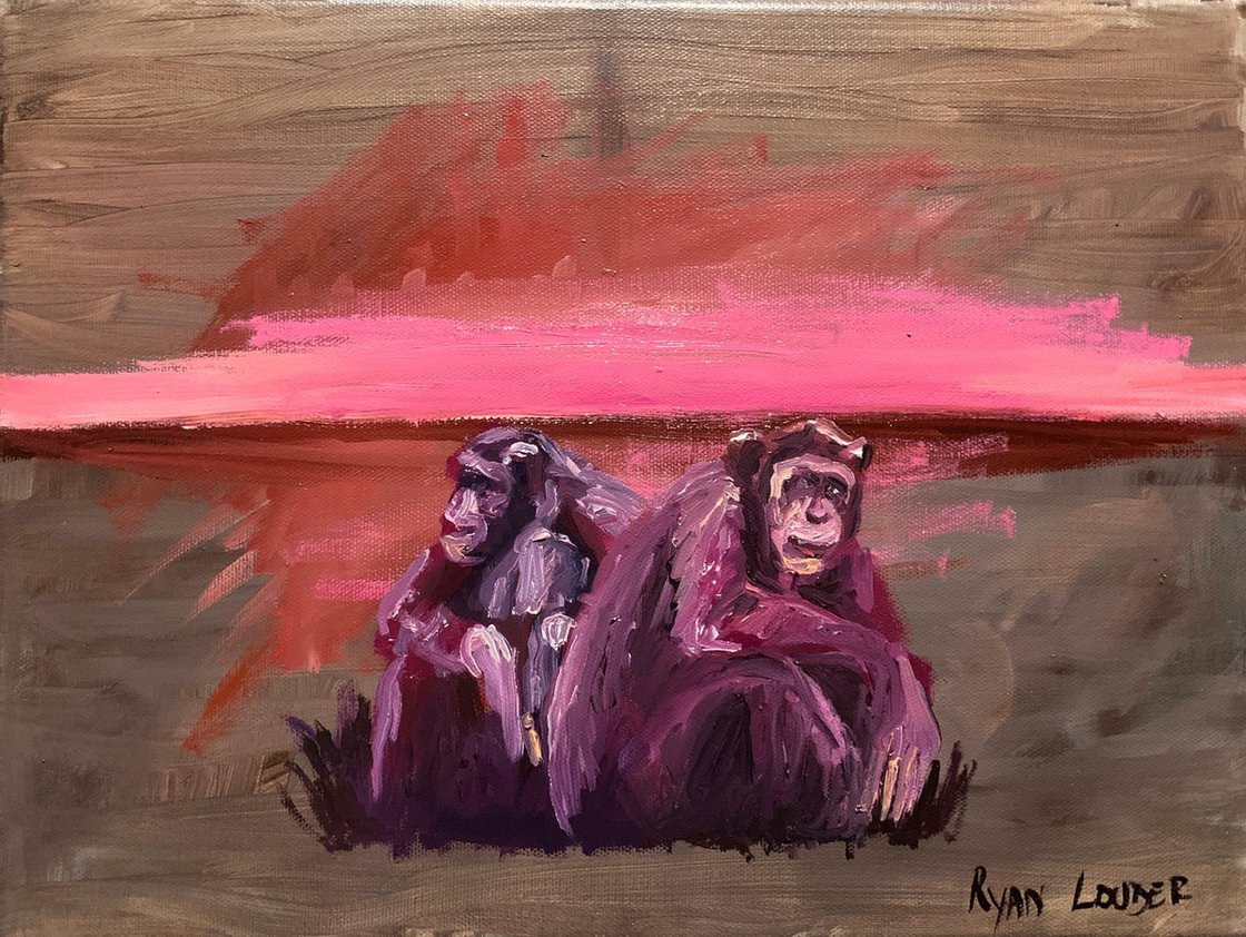 A painting titled 'Two Chimpanzees At Sunset by Ryan  Louder' by Ryan Louder