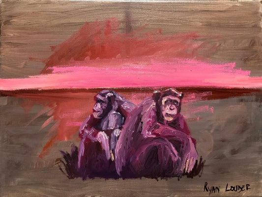 A painting titled 'Two Chimpanzees At Sunset by Ryan  Louder' by Ryan Louder