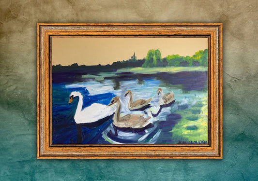 A painting titled 'Swans On A Lake by Ryan  Louder' by Ryan Louder