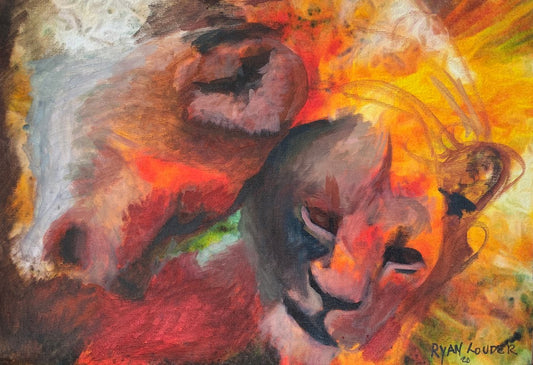 A painting titled 'Two Lions by Ryan  Louder' by Ryan Louder