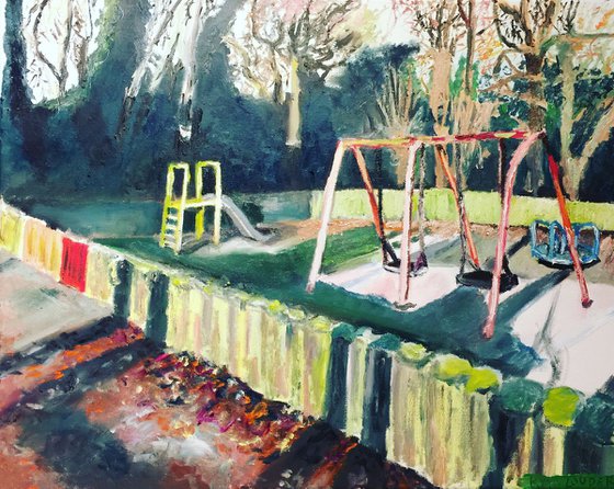 Empty playground on Christmas Day Painting by Ryan Louder