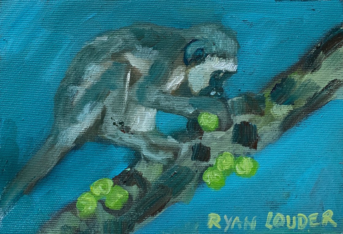 A painting titled 'Monkey Eating by Ryan  Louder' by Ryan Louder