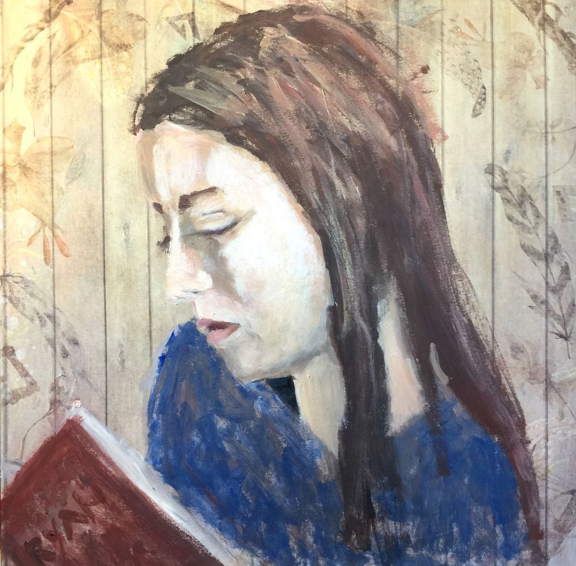 Girl Reading - Acrylic Oil On Paper - 12"x12" by Ryan  Louder - Sold