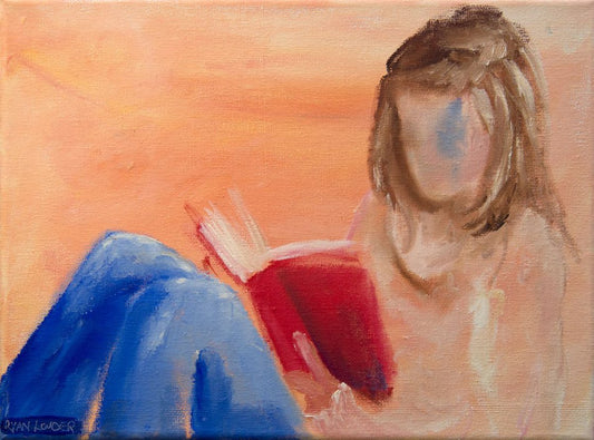 A painting titled 'Reading Reading And More Reading 12x9 by Ryan  Louder' by Ryan Louder