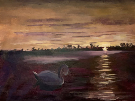 A painting titled 'Swans At Sunset by Ryan  Louder' by Ryan Louder