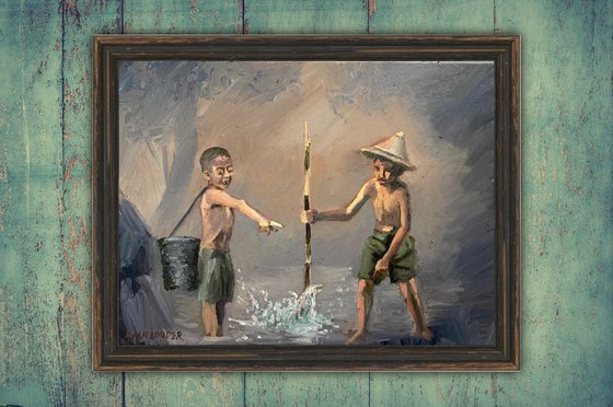 Two Boys Fishing Painting by Ryan Louder