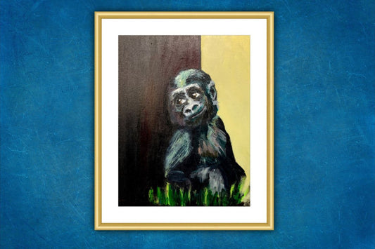 A painting titled 'Baby Gorilla Sitting By A Tree by Ryan  Louder' by Ryan Louder