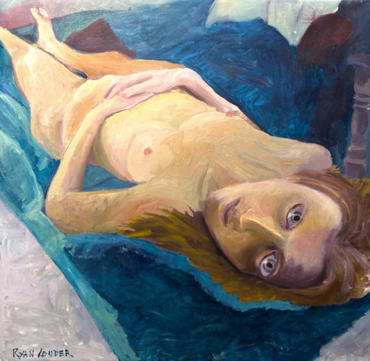 A painting titled 'Zomer Nude On Blue Velvet by Ryan  Louder' by Ryan Louder