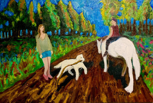 A painting titled 'Dog Walk On A Sunny Day by Ryan  Louder' by Ryan Louder
