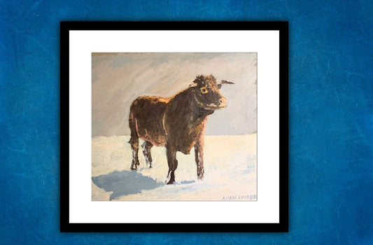 A painting titled 'Bull On A Winters Day by Ryan  Louder' by Ryan Louder