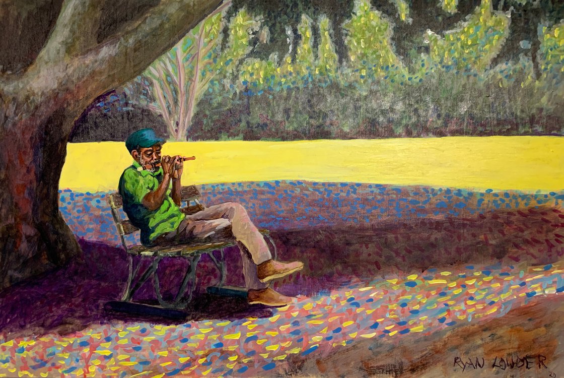 A painting titled 'Flute Player In The Park by Ryan  Louder' by Ryan Louder