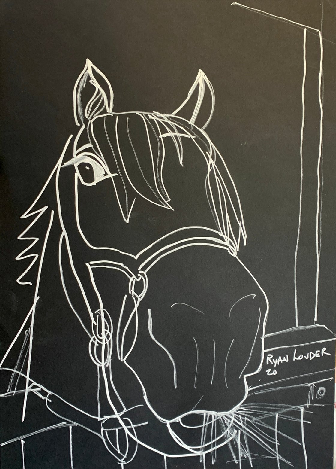 A painting titled 'Horse Eating Hay On A Lovely Day by Ryan  Louder' by Ryan Louder