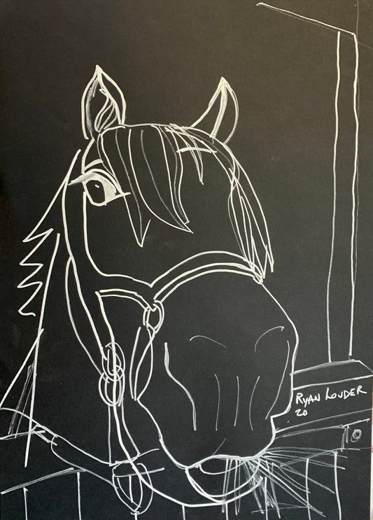 A painting titled 'Horse Eating Hay On A Lovely Day by Ryan  Louder' by Ryan Louder