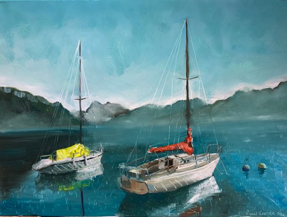 Two Boats On A Lake Painting by Ryan Louder