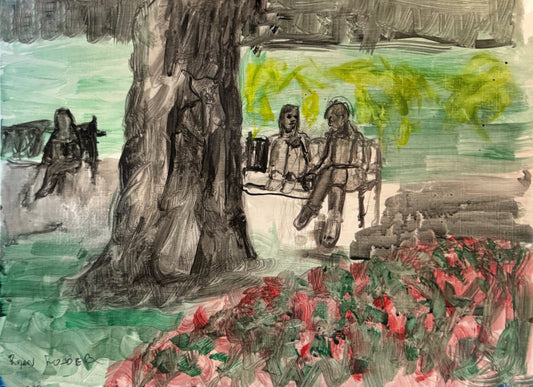 A painting titled 'Friends on Park Bench by Ryan  Louder' by Ryan Louder