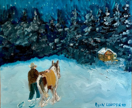 Warming His Horse On A Winter Night Painting by Ryan Louder