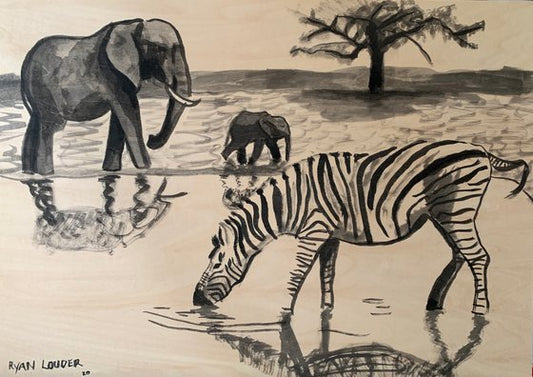 Zebra and Elephants at Waterhole Painting by Ryan Louder