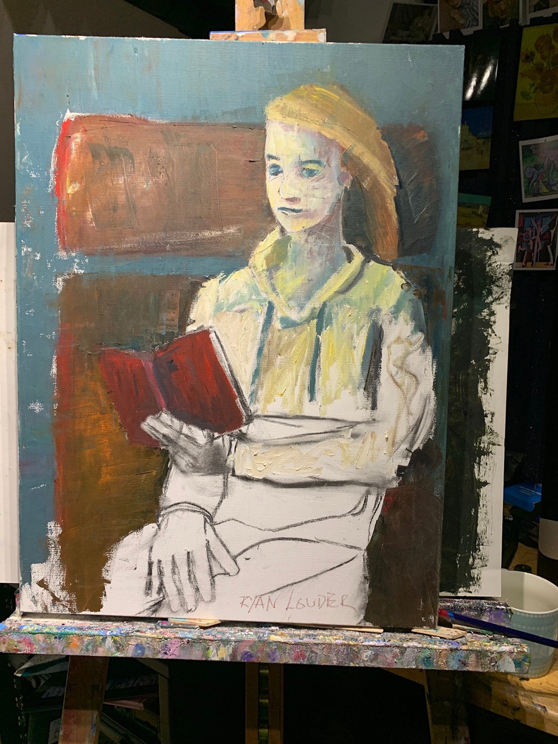 A painting titled 'Woman Sitting Reading by Ryan  Louder' by Ryan Louder