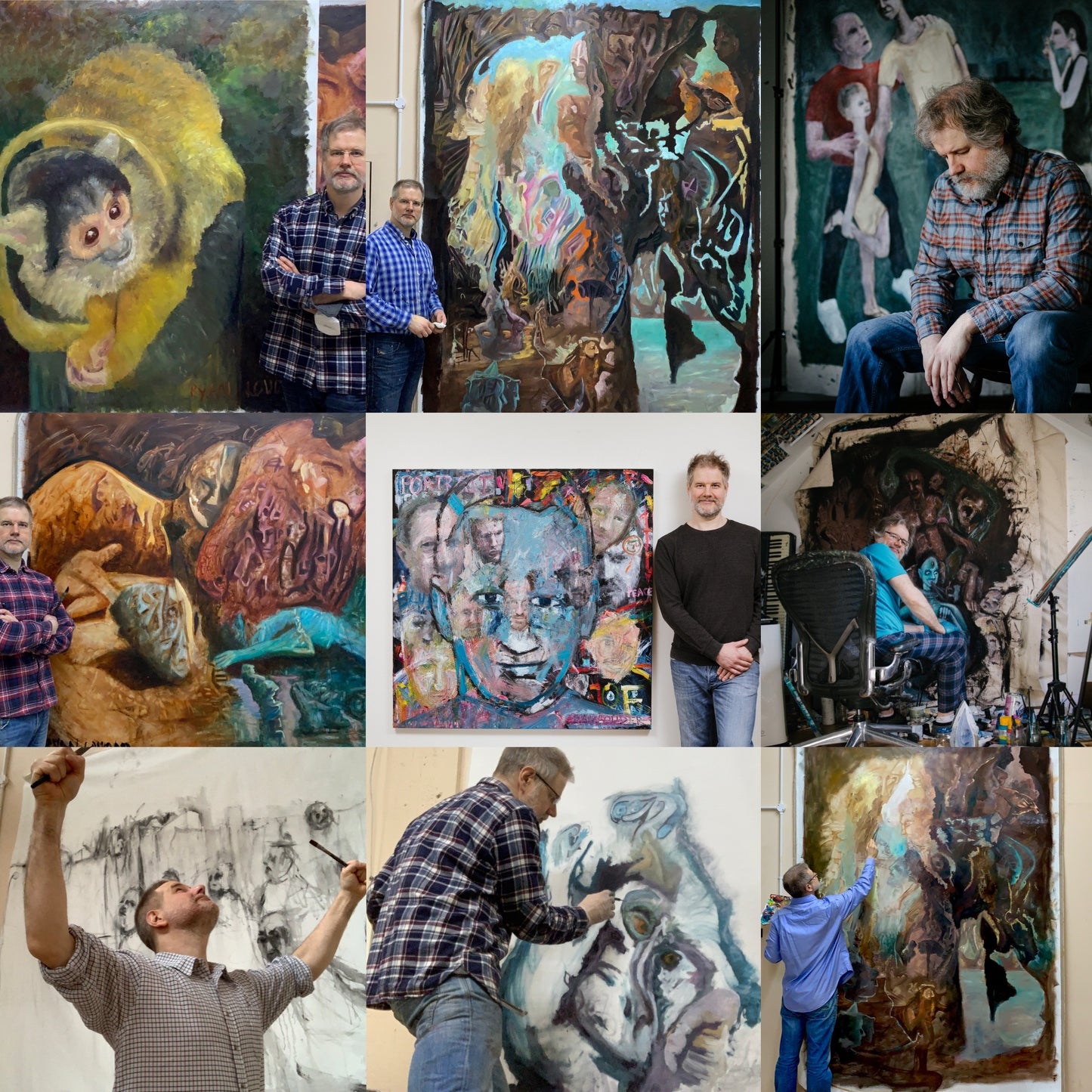 a collage of photos of men working on paintings