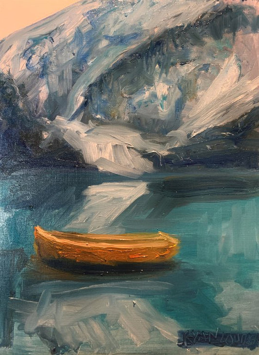 Boat On A Snowy Lake Painting by Ryan Louder