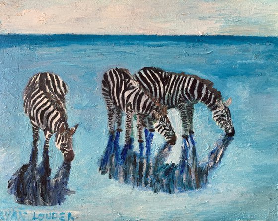 Zebras In Blue Water Painting by Ryan Louder