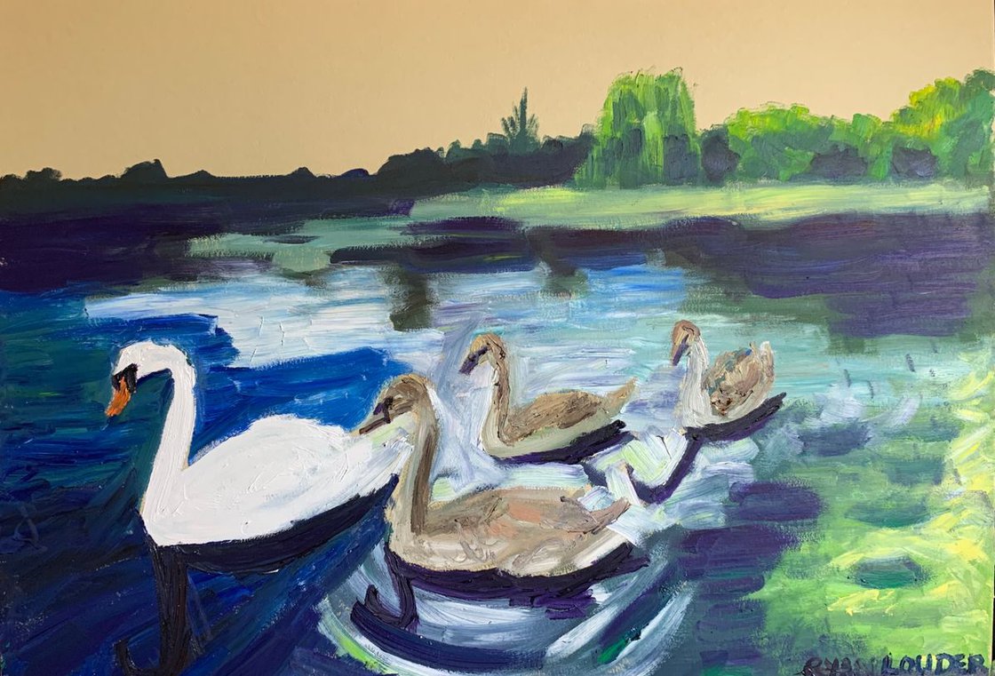 A painting titled 'Swans On A Lake by Ryan  Louder' by Ryan Louder