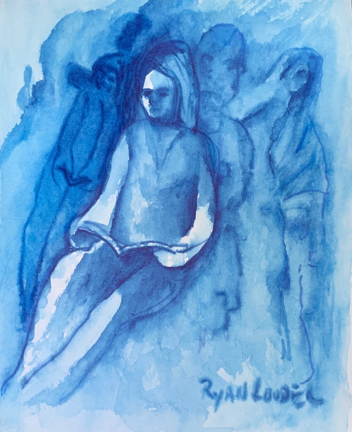A painting titled 'The Avid Reader In Blue by Ryan  Louder' by Ryan Louder