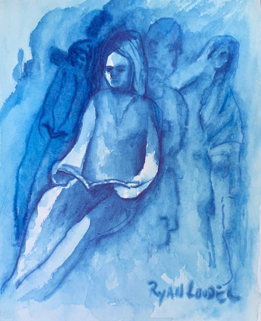 A painting titled 'The Avid Reader In Blue by Ryan  Louder' by Ryan Louder